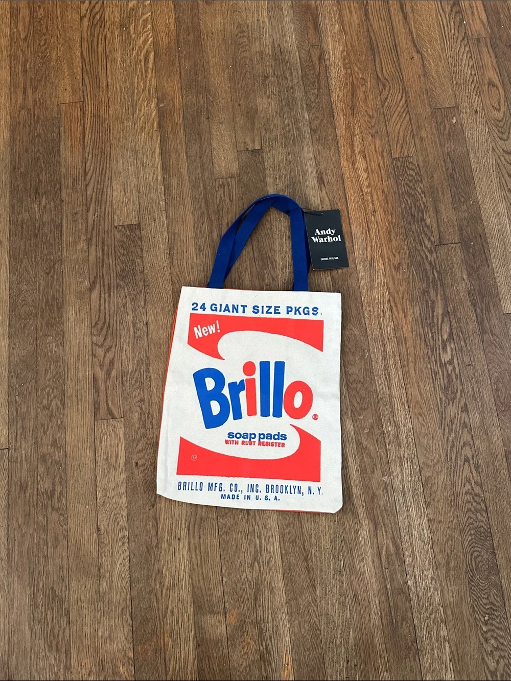Brillo Graphic Canvas Messenger Tote in White with Blue Handles